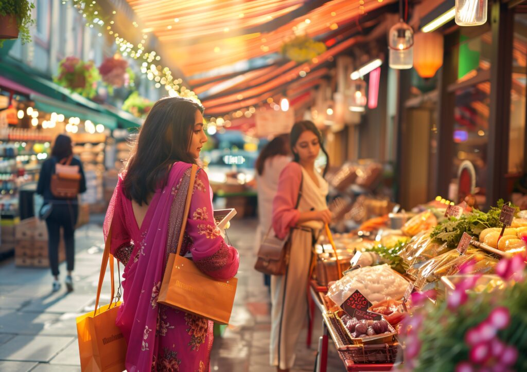 Indian processed food products stacked in a supermarket