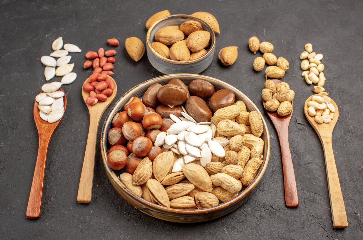 Healthy food spread showing Vitamin E nuts