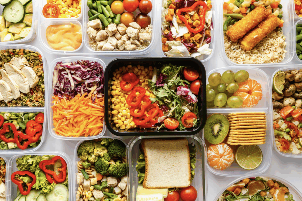 lunch box meal with fruits and snacks arranged neatly