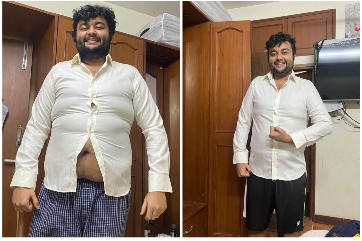 Same Shirt, 2 Months Apart: How Samarth Lost 10 kg and 7 Inches in 60 Days fat-loss-inch-loss-samarth